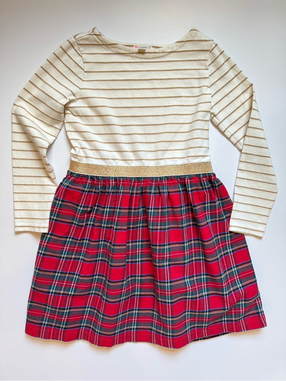 Crewcuts Mixy Holiday Dress in Red Tartan Plaid with Gold and Cream Striped Top